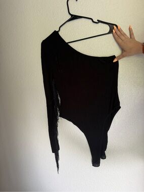 Black One-Shoulder Fringe Bodysuit